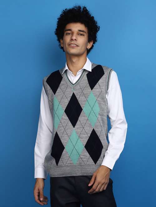 grey self design geometric print sleeveless v-neck pullover - 20686850 -  Standard Image - 0