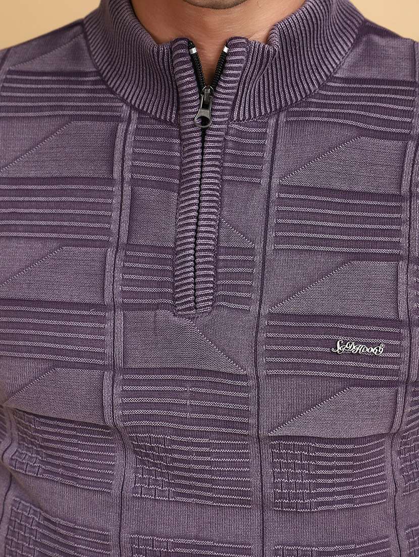 purple self design zip detailed pullover - 20686862 -  Standard Image - 5