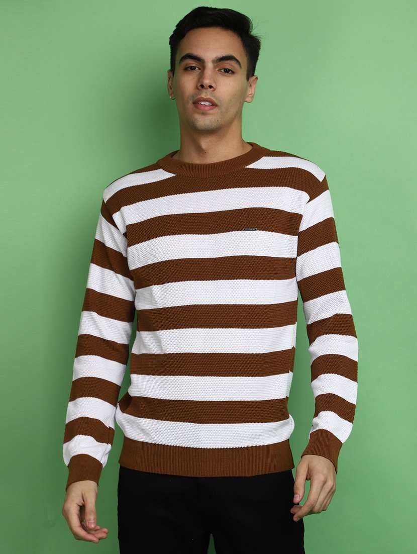 brown & white striped round neck pullover