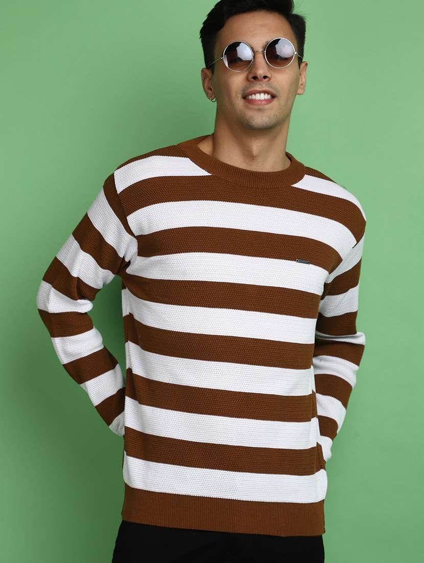 brown & white striped round neck pullover - 20686871 -  Standard Image - 3