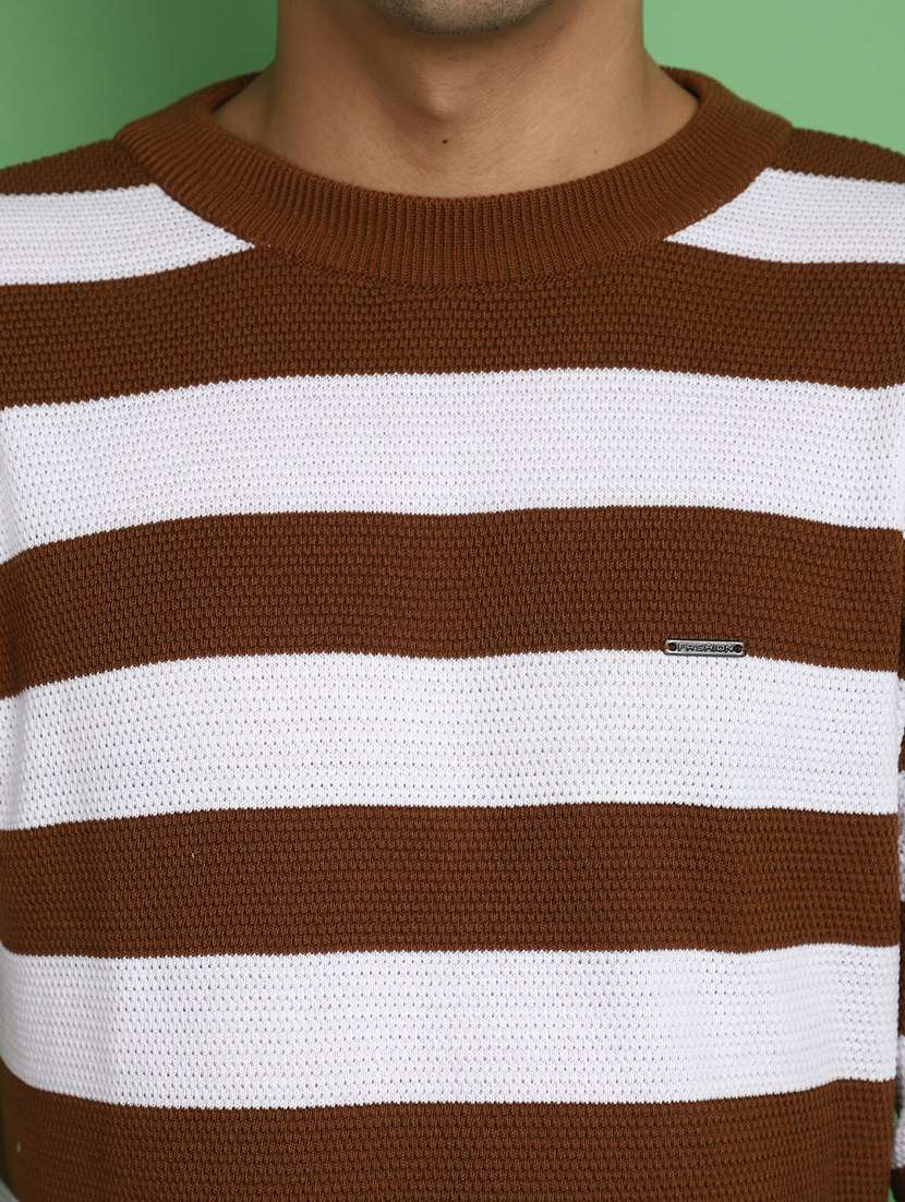 brown & white striped round neck pullover - 20686871 -  Standard Image - 5