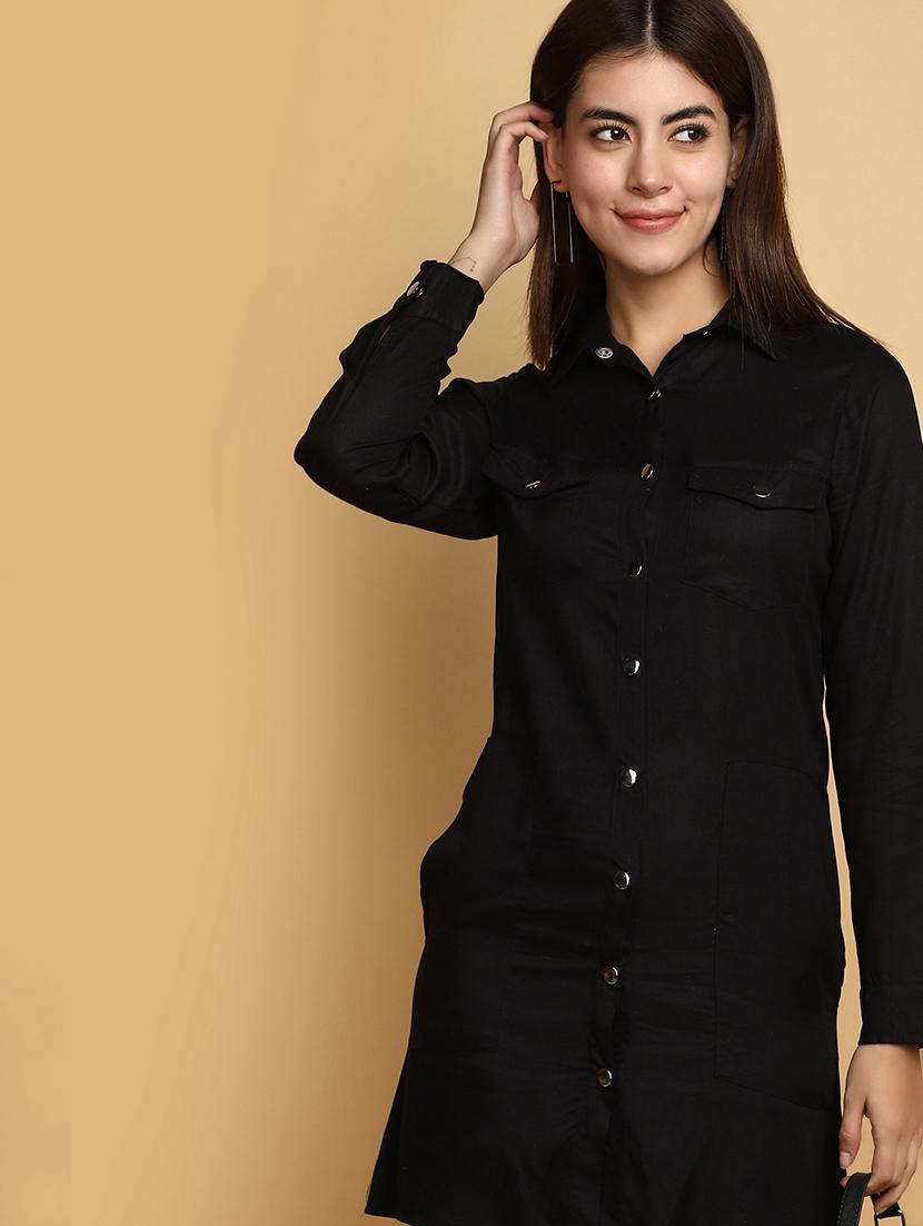 women black shirt collar straight dress - 20687422 - Standard Image - 5