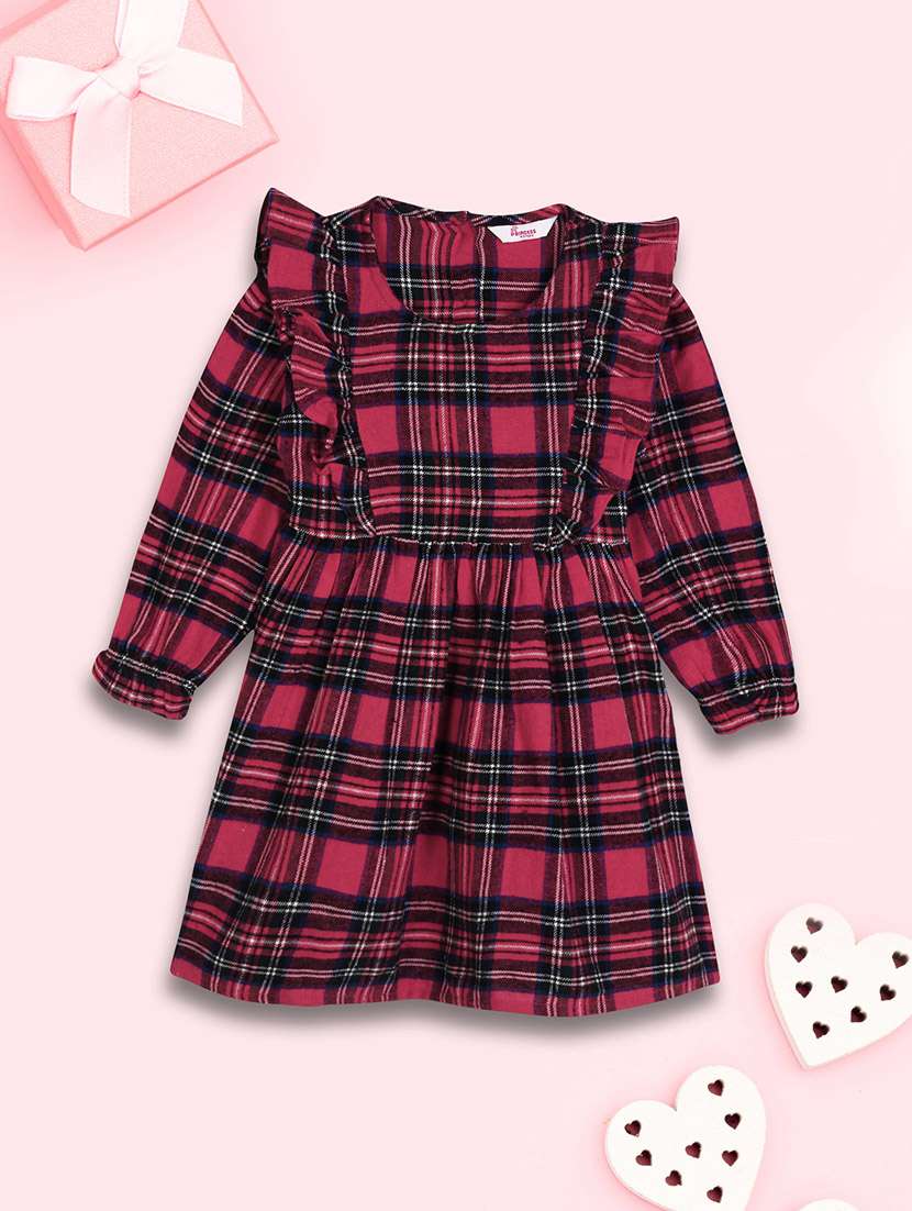 red round neck checks print frock