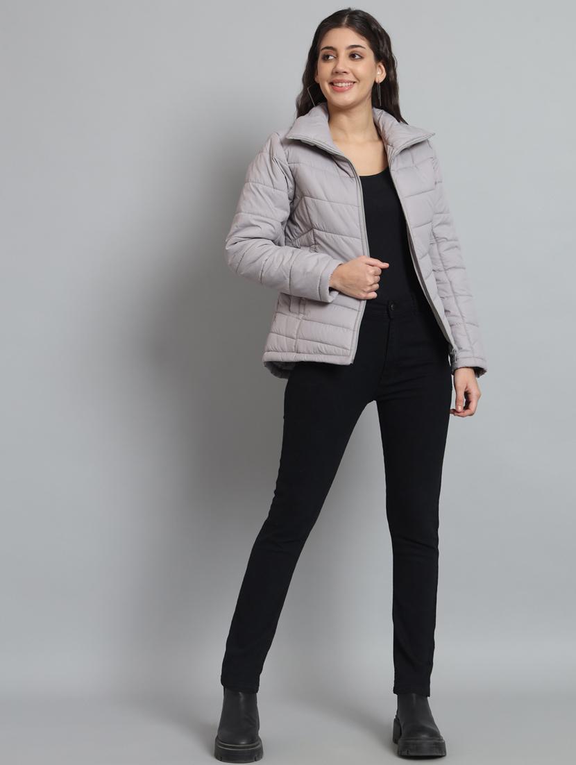 women solid stand collar bomber jacket - 20688393 - Standard Image - 3