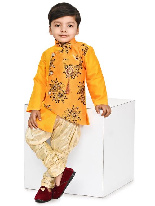 kids gold yellow self design sherwani set - 20688823 -  Standard Image - 0