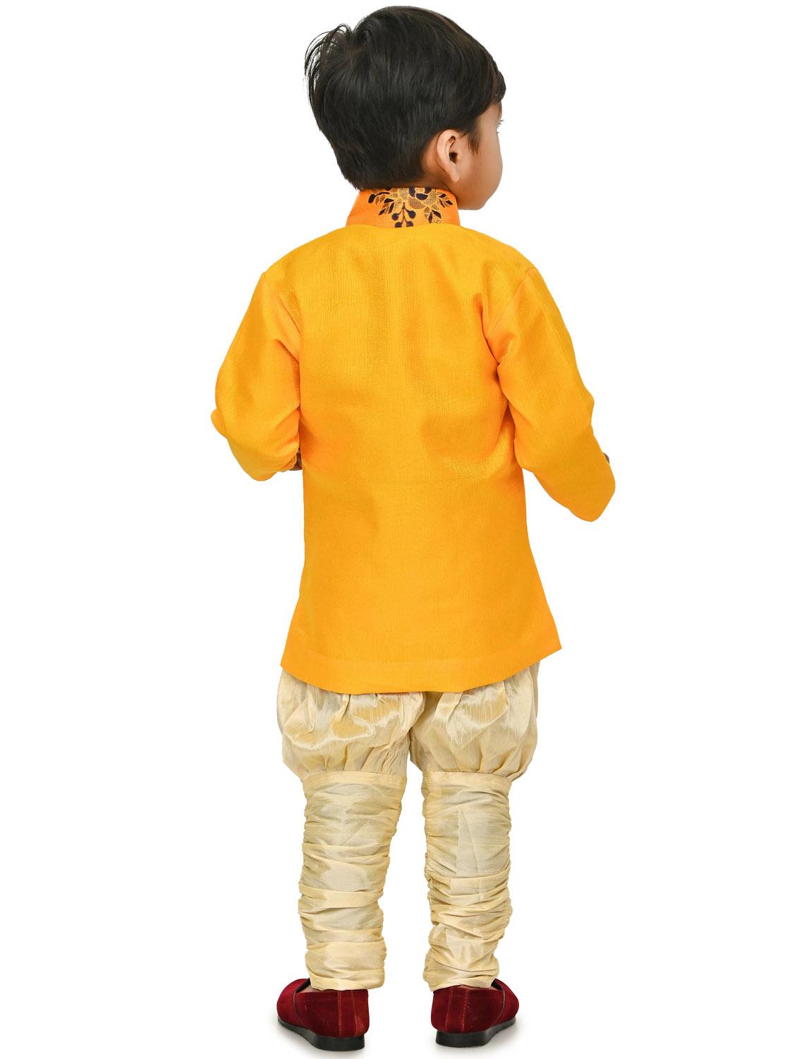 kids gold yellow self design sherwani set - 20688823 - Standard Image - 3