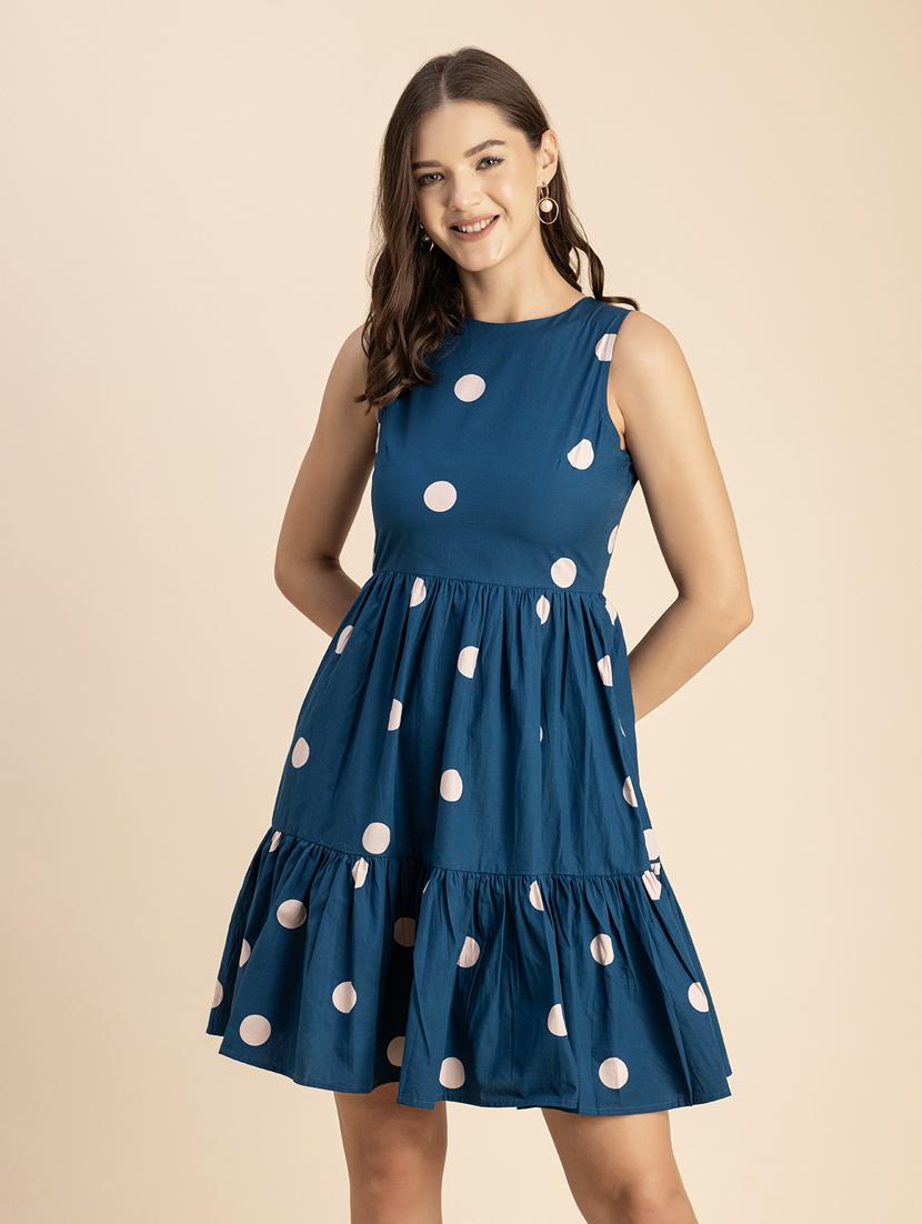 women polka doted sleeveless tiered dress