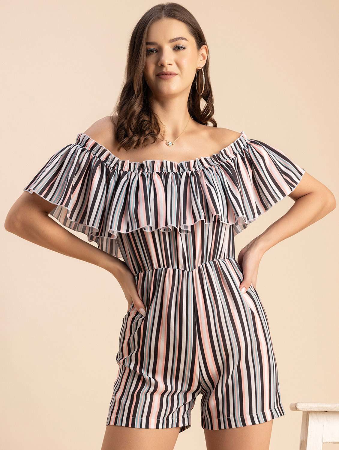 women striped off shoulder romper 