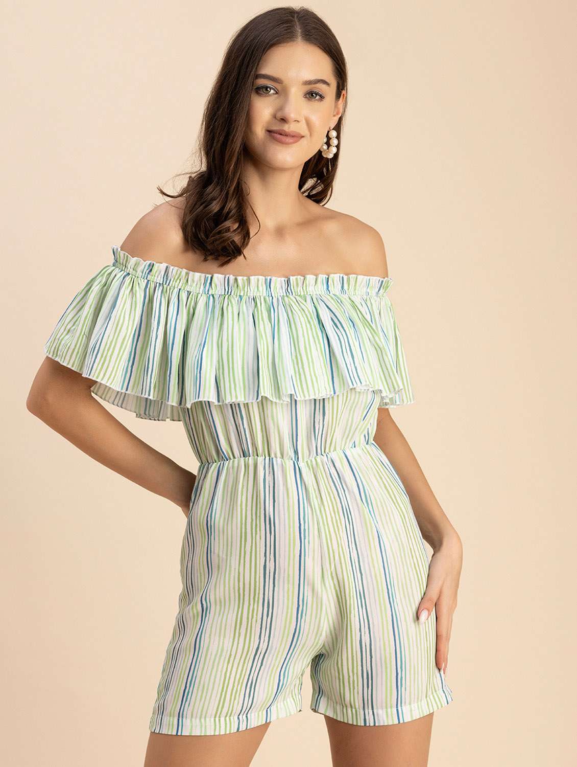 women striped off shoulder romper  - 20694077 -  Zoom Image - 0