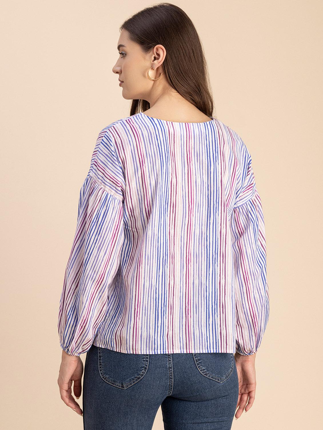 women striped long sleeves straight top - 20694639 - Standard Image - 3