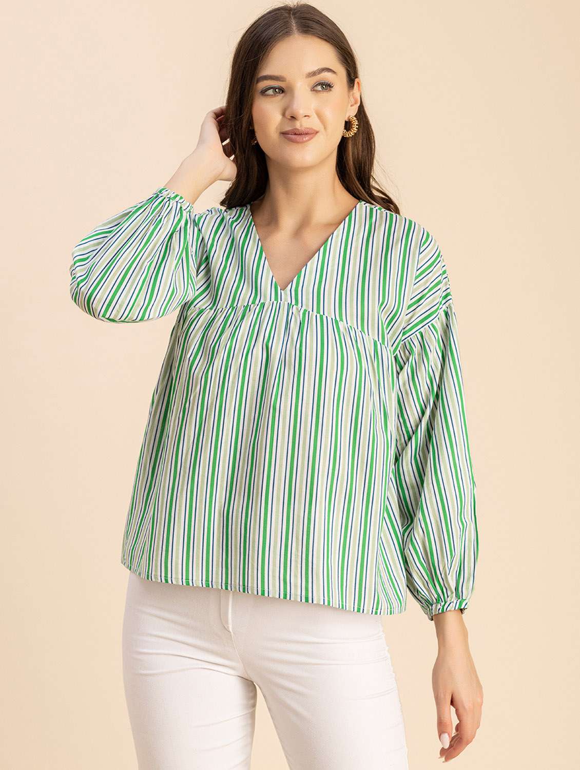women striped long sleeves straight top - 20694641 -  Zoom Image - 0