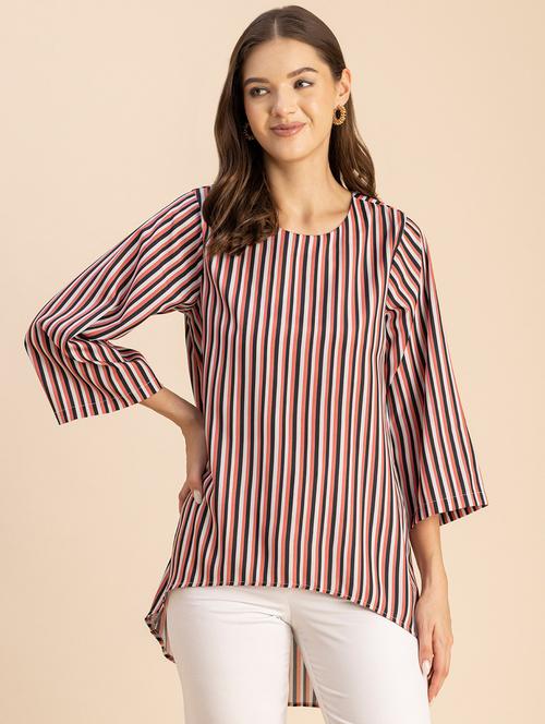 women striped round neck high low top - 20694646 - Standard Image - 0