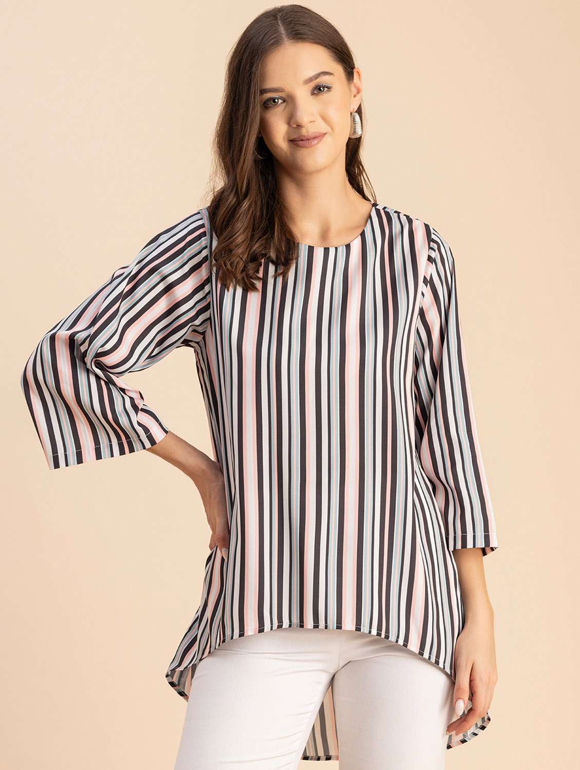 women striped round neck high low top - 20694647 -  Zoom Image - 0