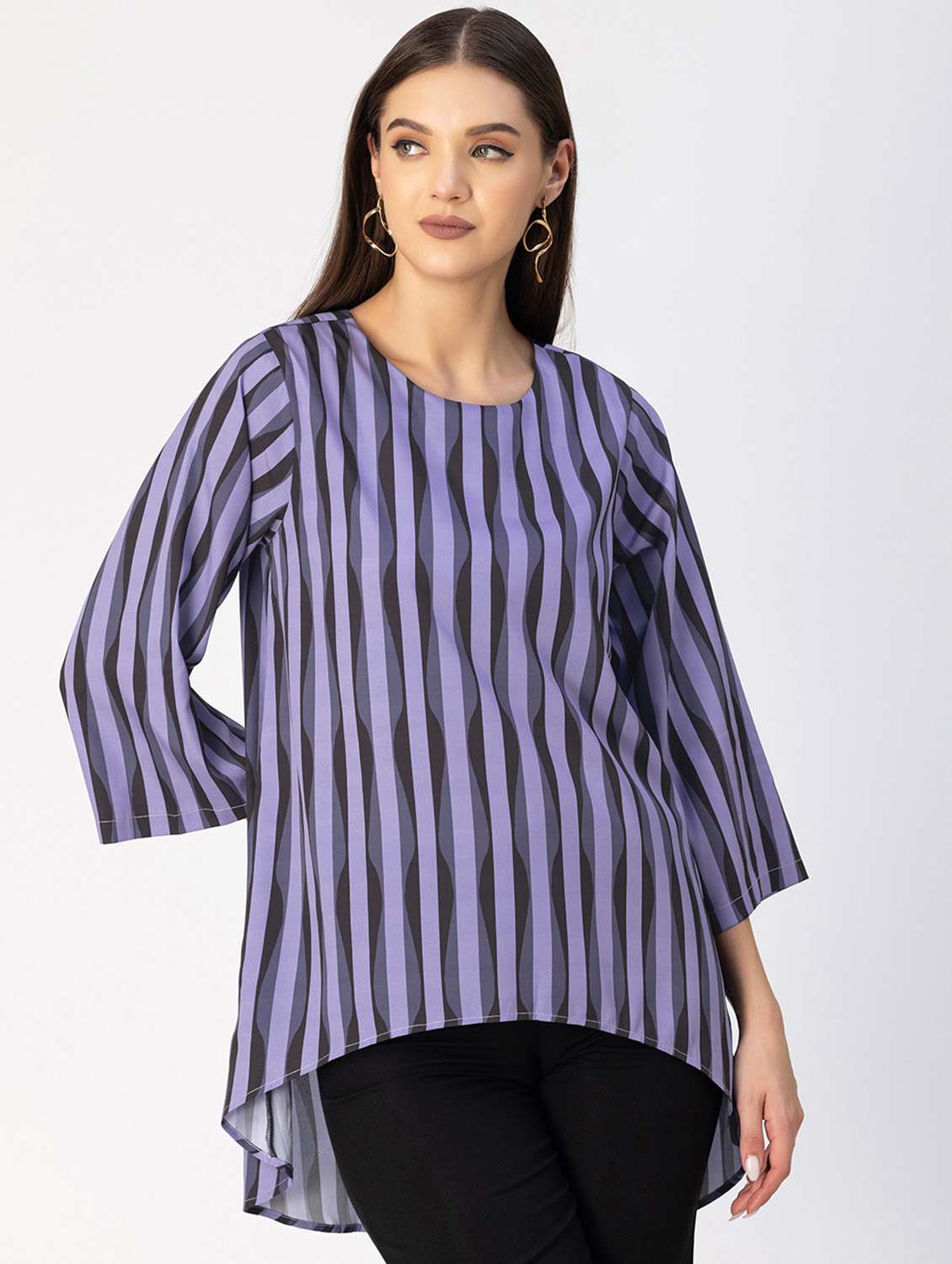 women striped round neck high low top - 20694649 -  Zoom Image - 0