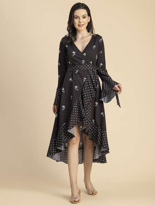 women floral print bell sleeves wrap dress