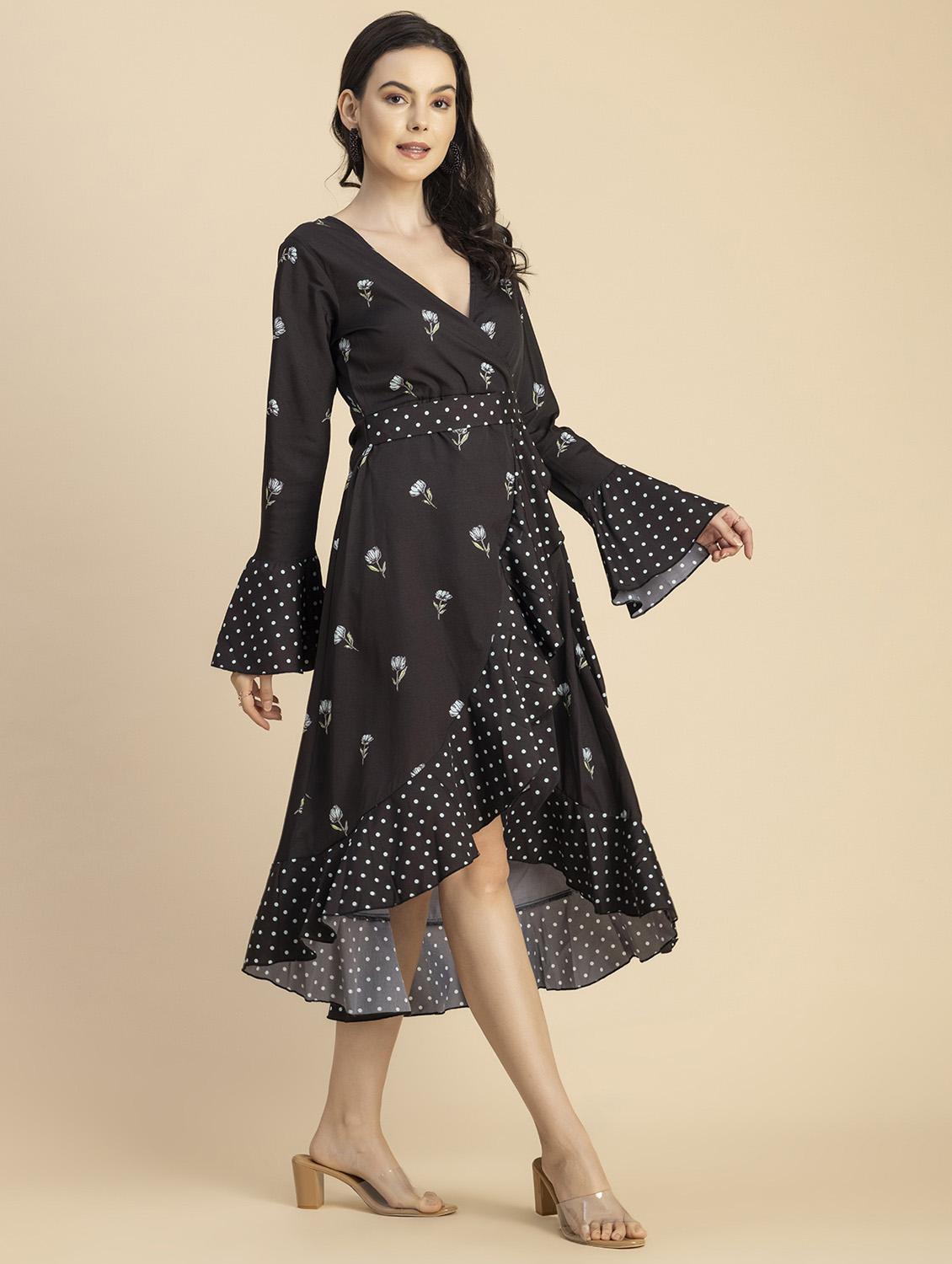 women floral print bell sleeves wrap dress - 20694765 - Standard Image - 3