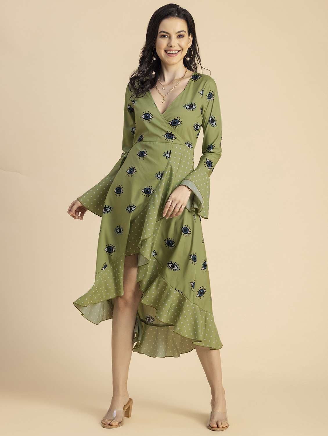 women quirky print bell sleeves wrap dress