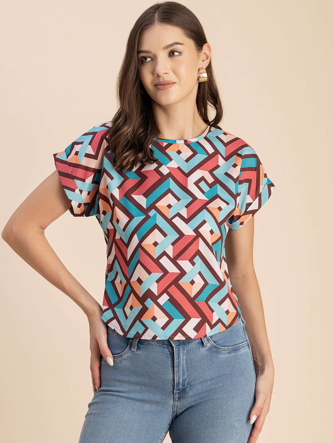 women geometric print round neck top