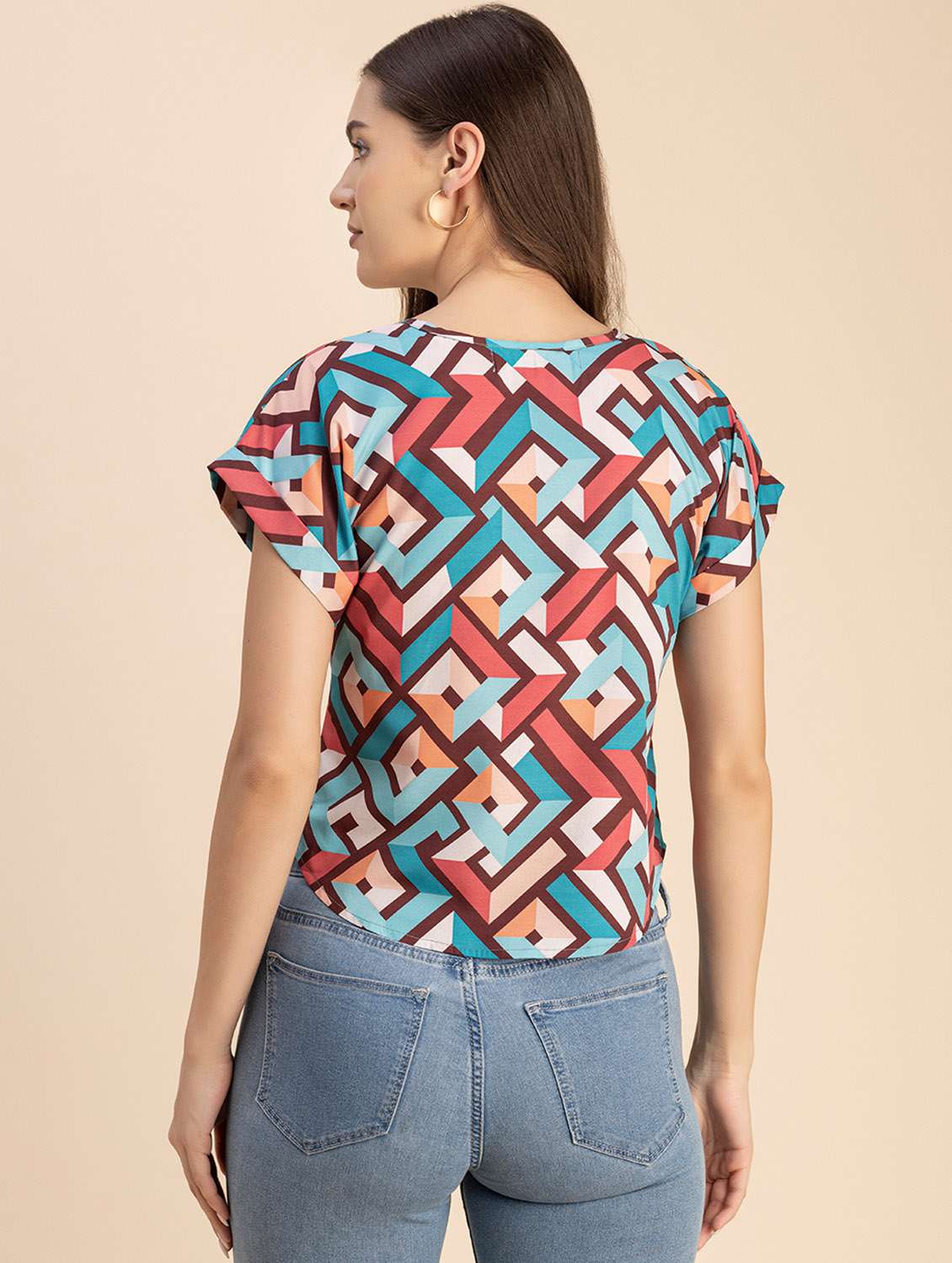 women geometric print round neck top - 20694904 -  Standard Image - 3