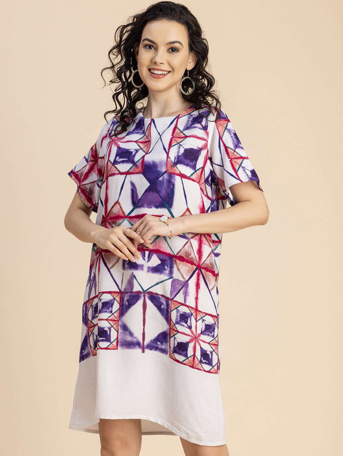 women tie & dyed round neck a-line dress