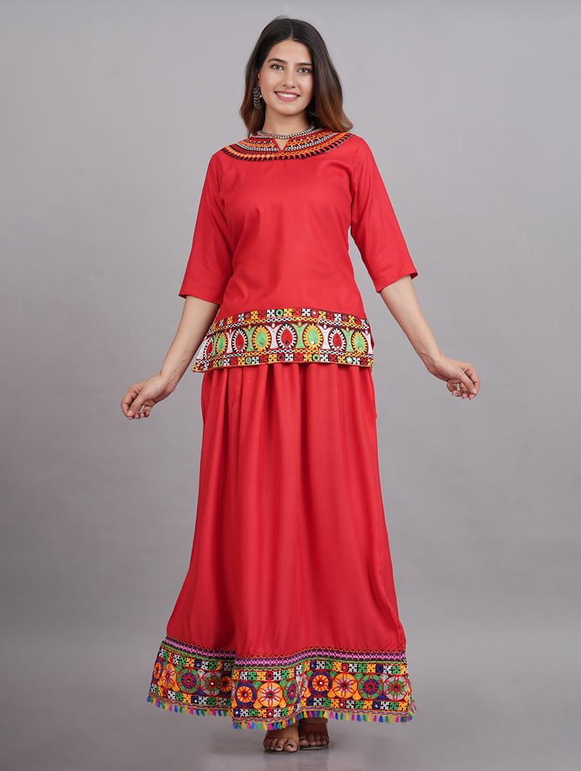 red rayon kurta skirt set - 20703900 - Zoom Image - 0