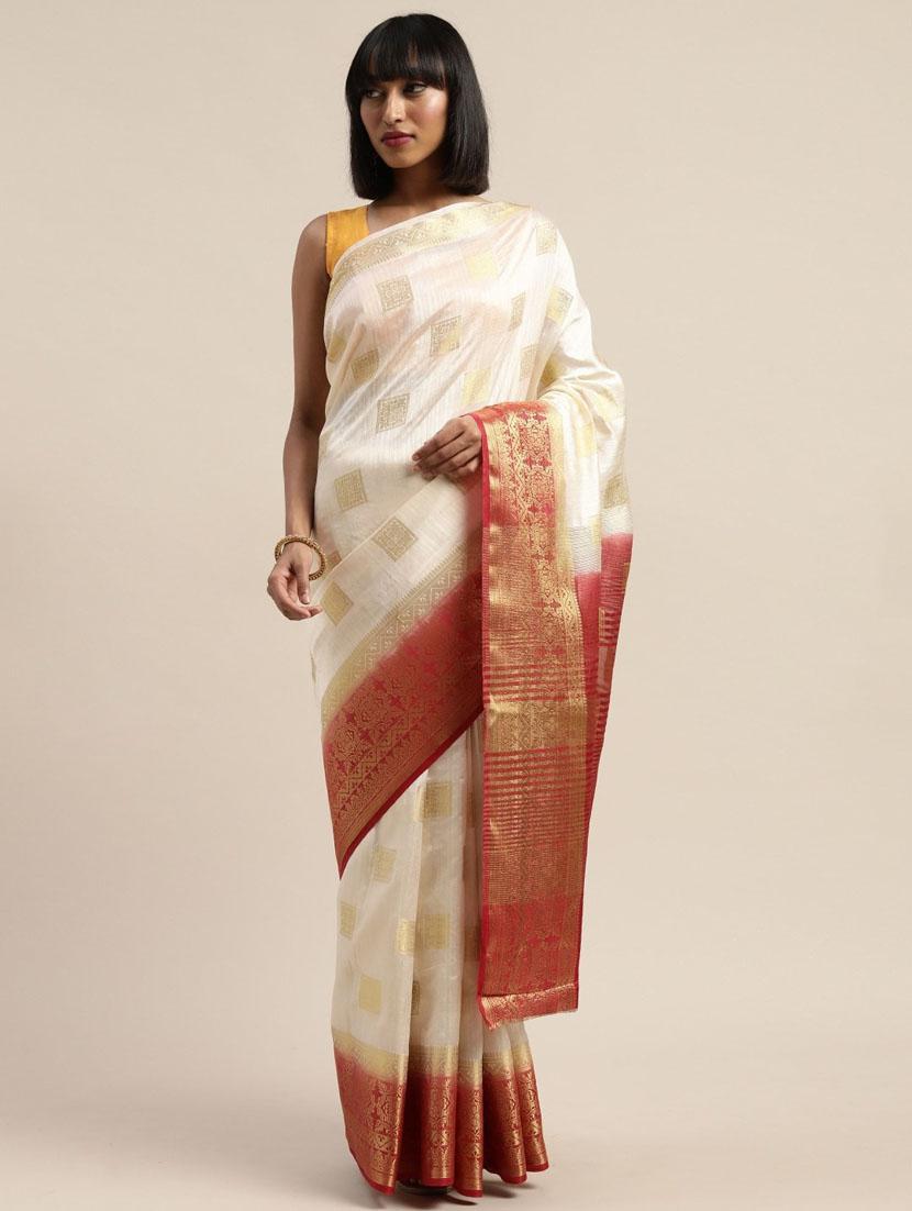 off white self design banarasi saree - 20703920 - Zoom Image - 0