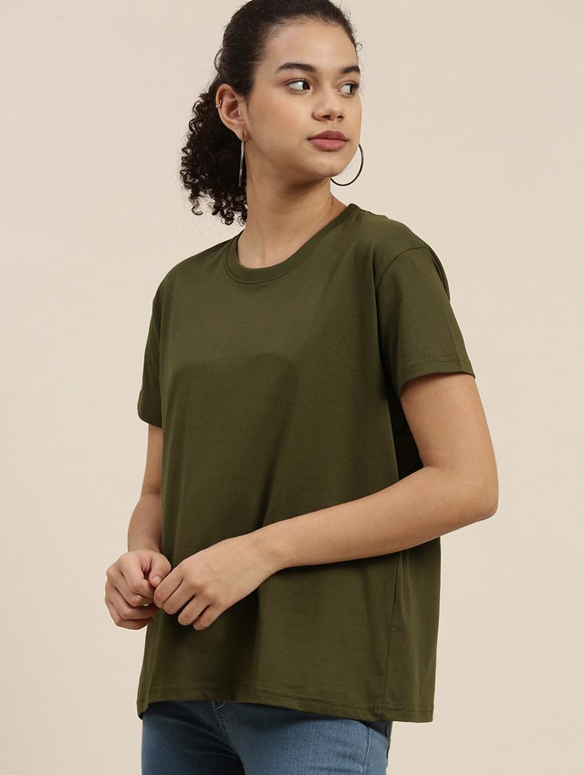 women olive round neck t-shirt - 20721787 - Zoom Image - 0