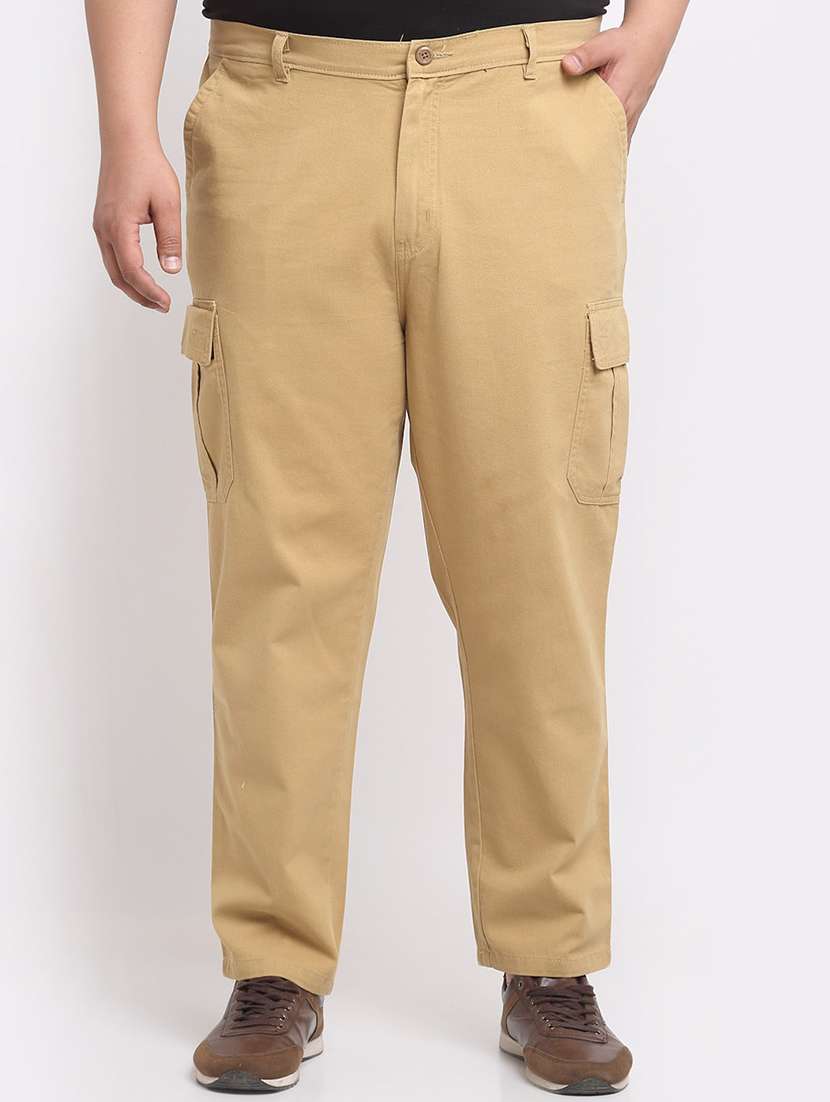 khaki cotton flat front casual trousers
