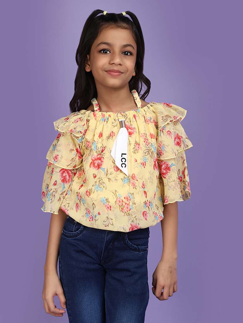 girls yellow floral printed top