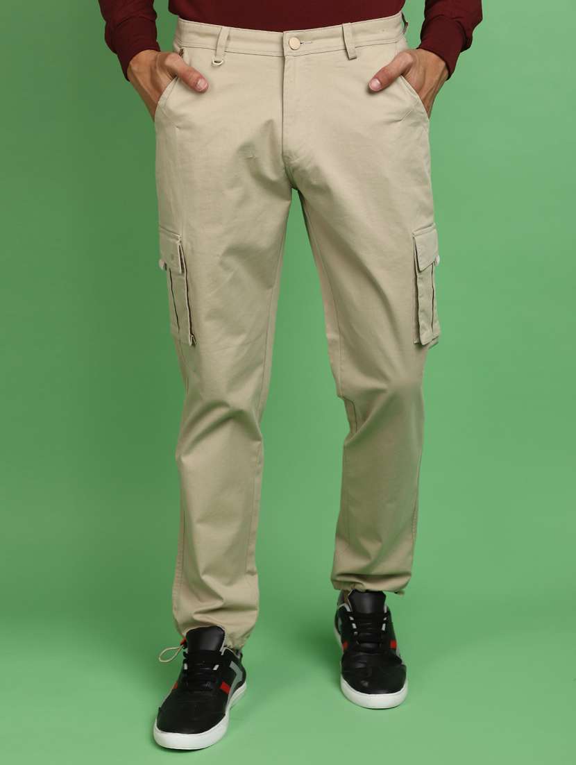 men beige solid mid rise jogger