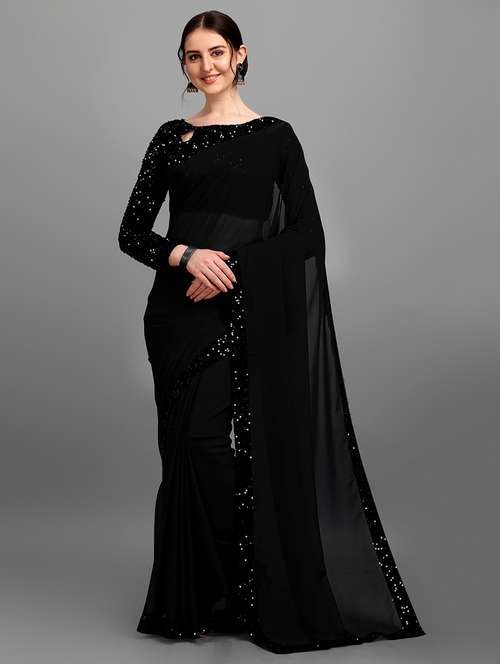 women black solid georgette saree with blouse - 20726367 -  Standard Image - 0