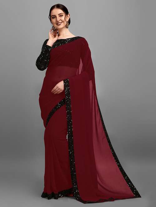 women maroon solid georgette saree with blouse - 20726372 -  Standard Image - 0