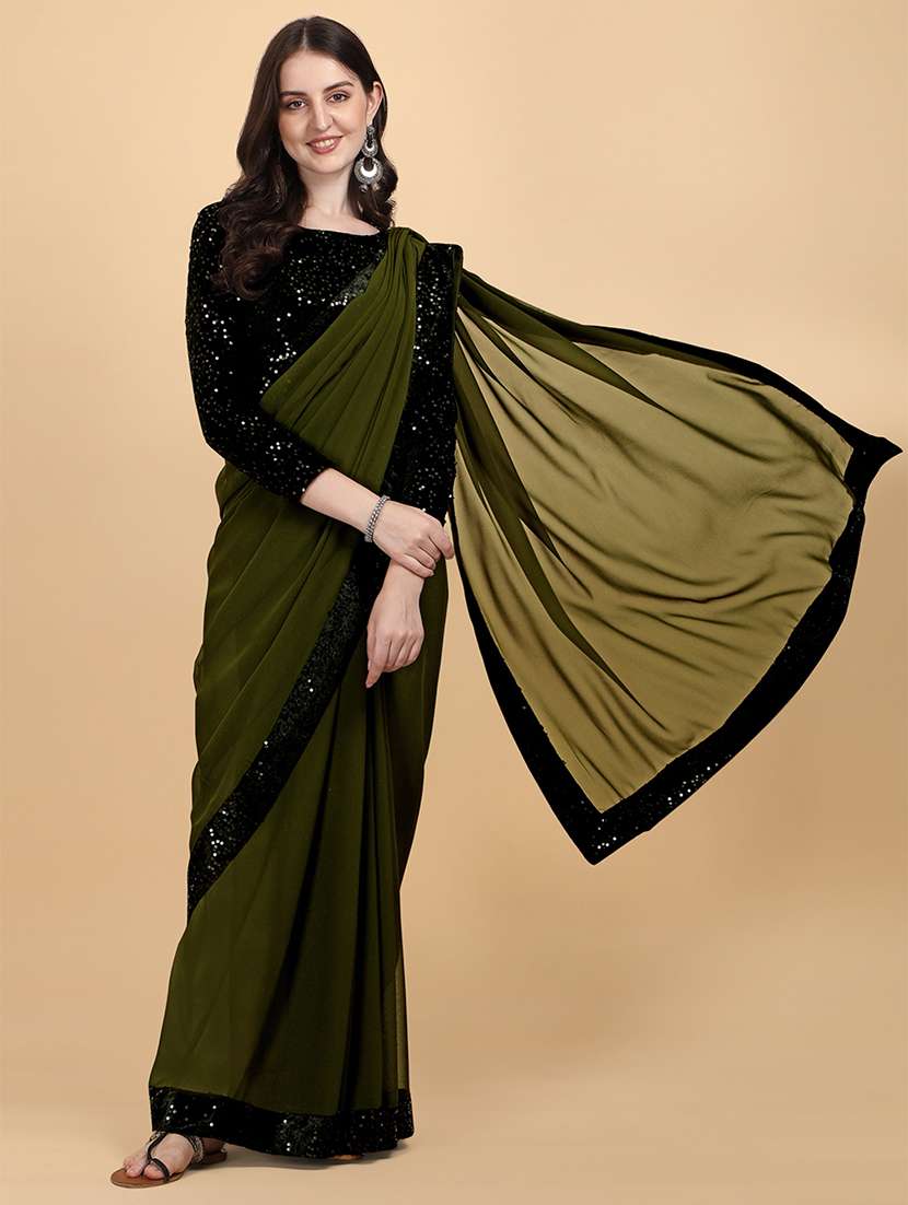 women olive solid georgette saree with blouse - 20726373 - Zoom Image - 0