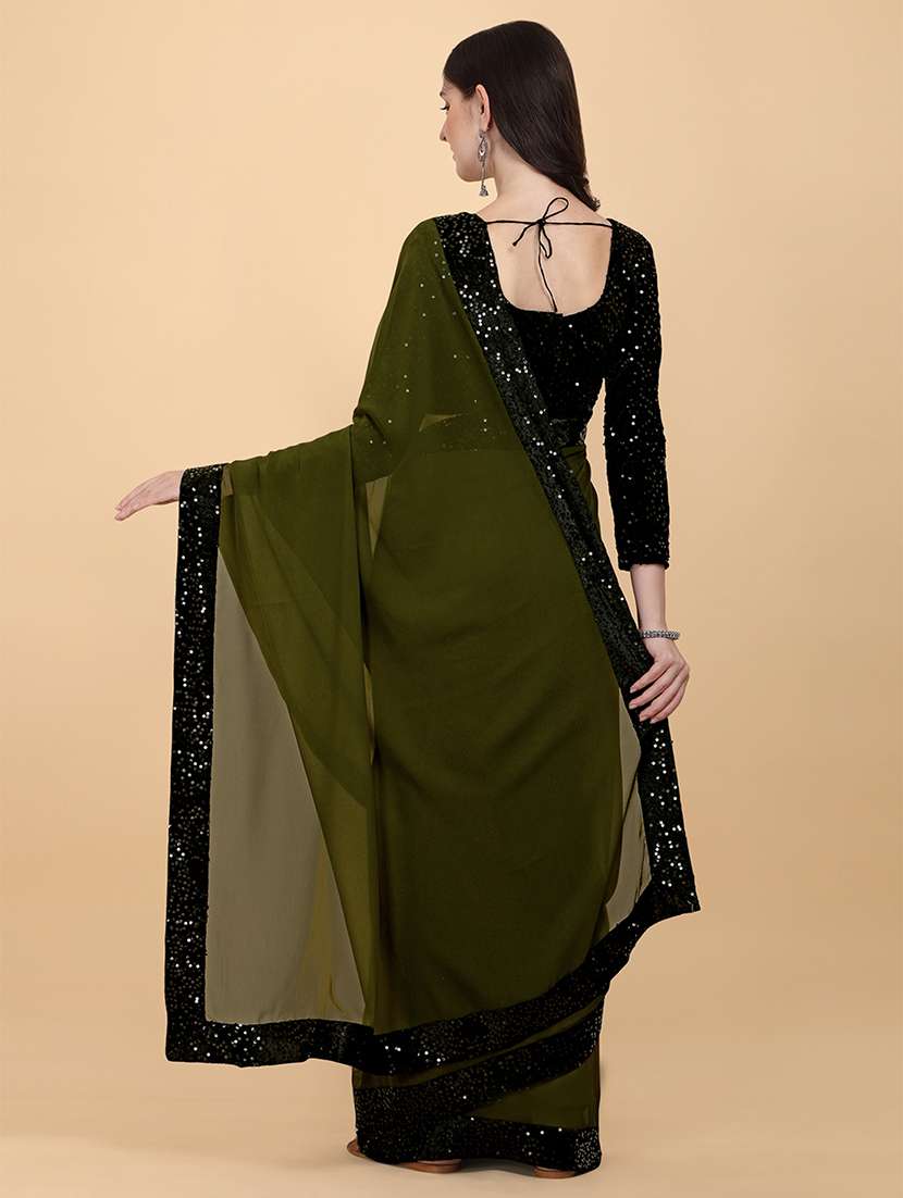 women olive solid georgette saree with blouse - 20726373 - Standard Image - 3