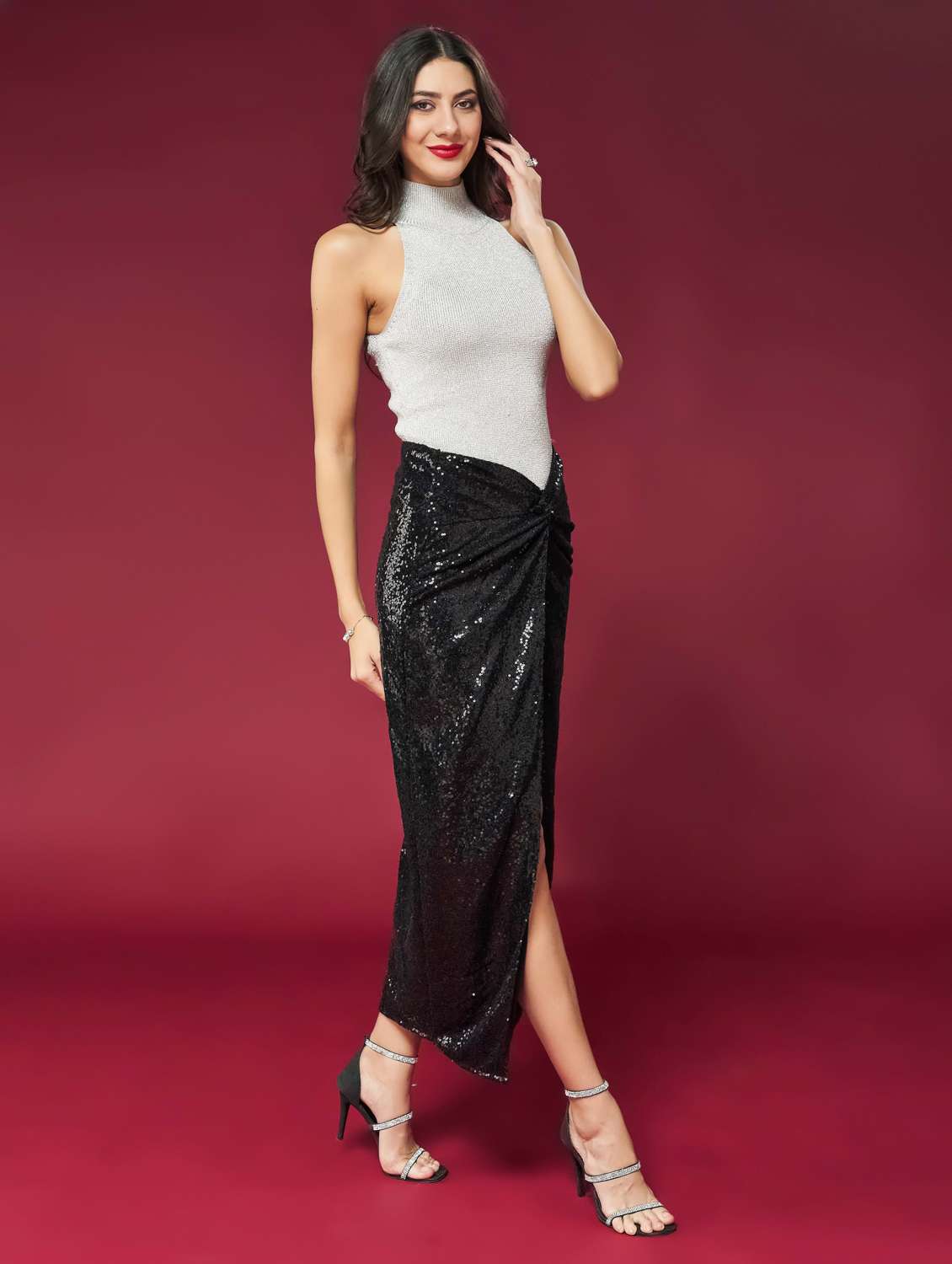 Women Sequined Asymmetric Twisted Waist Skirt