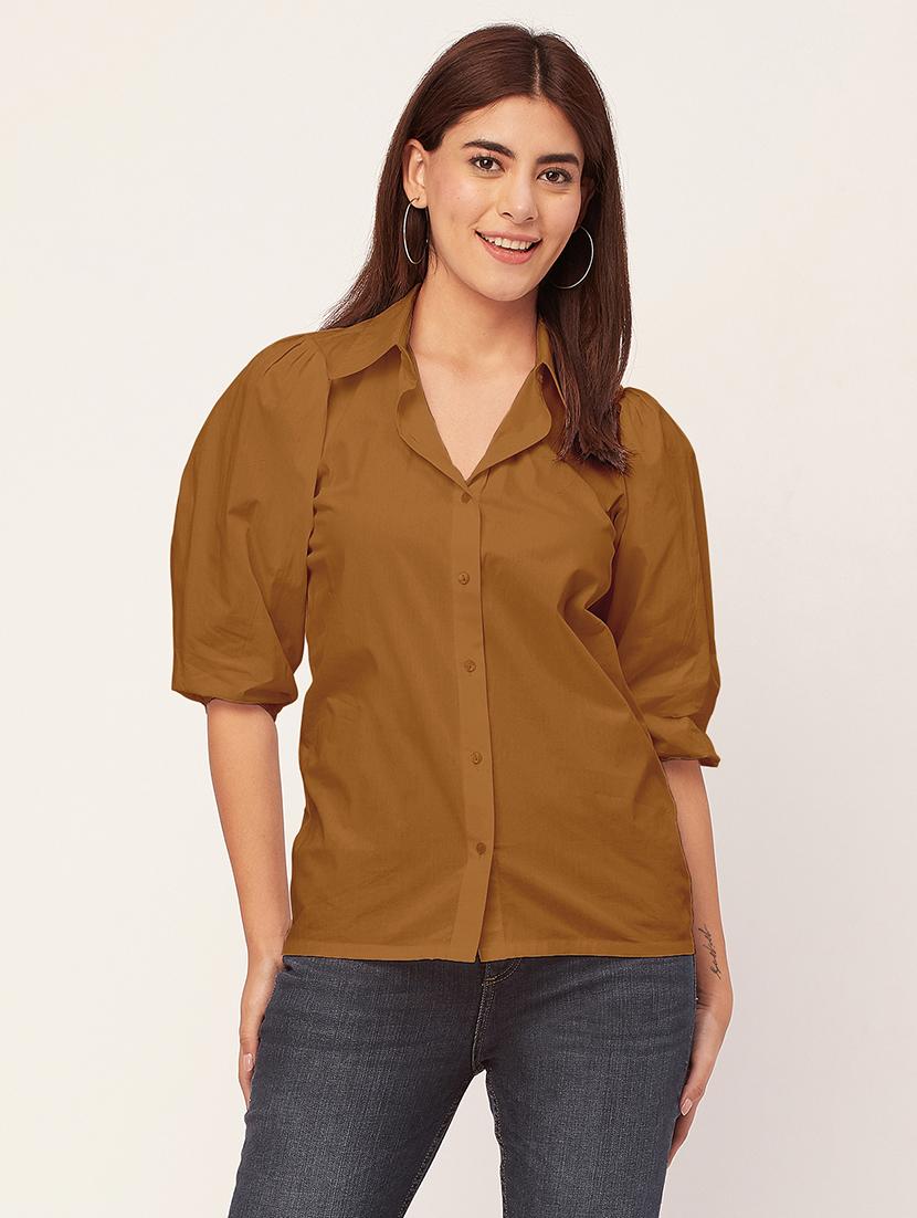 women solid collared puff sleeves shirt
