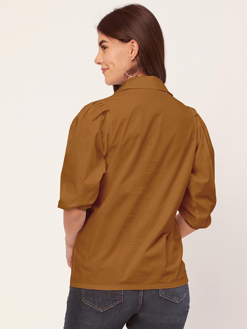 women solid collared puff sleeves shirt - 20726559 - Standard Image - 3