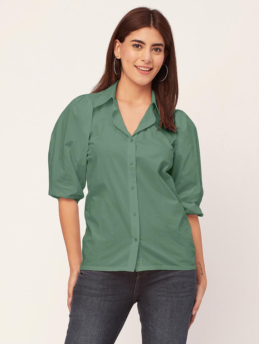 women solid collared puff sleeves shirt - 20726560 -  Zoom Image - 0
