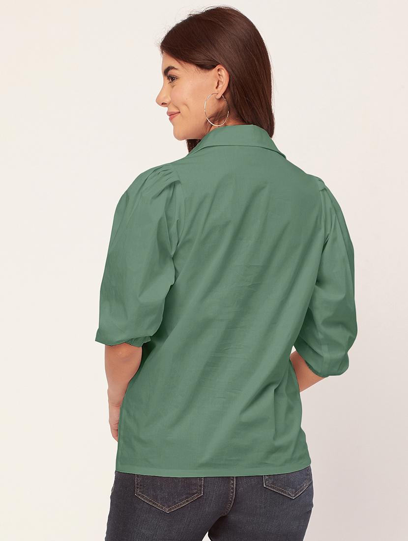women solid collared puff sleeves shirt - 20726560 - Standard Image - 3