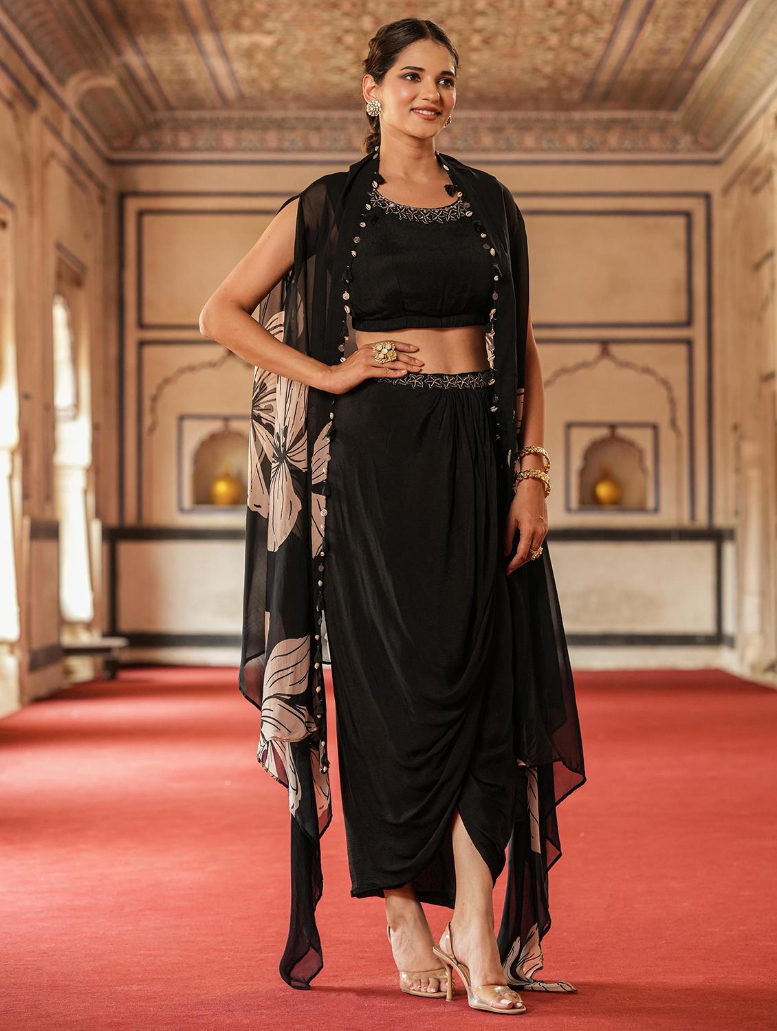 black embroidered neck ethnic fusion set - 20727257 - Standard Image - 3