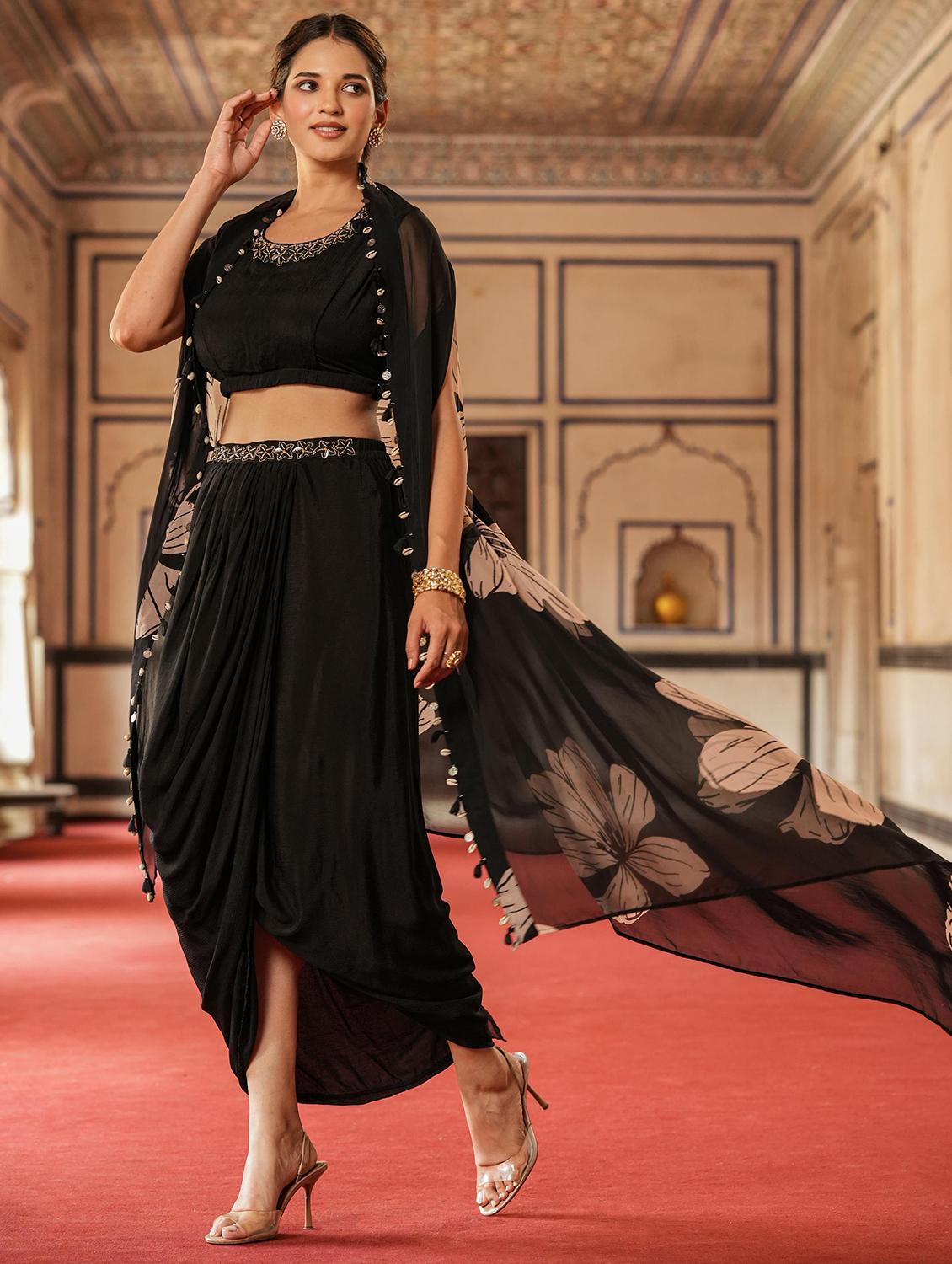 black embroidered neck ethnic fusion set - 20727257 - Standard Image - 5