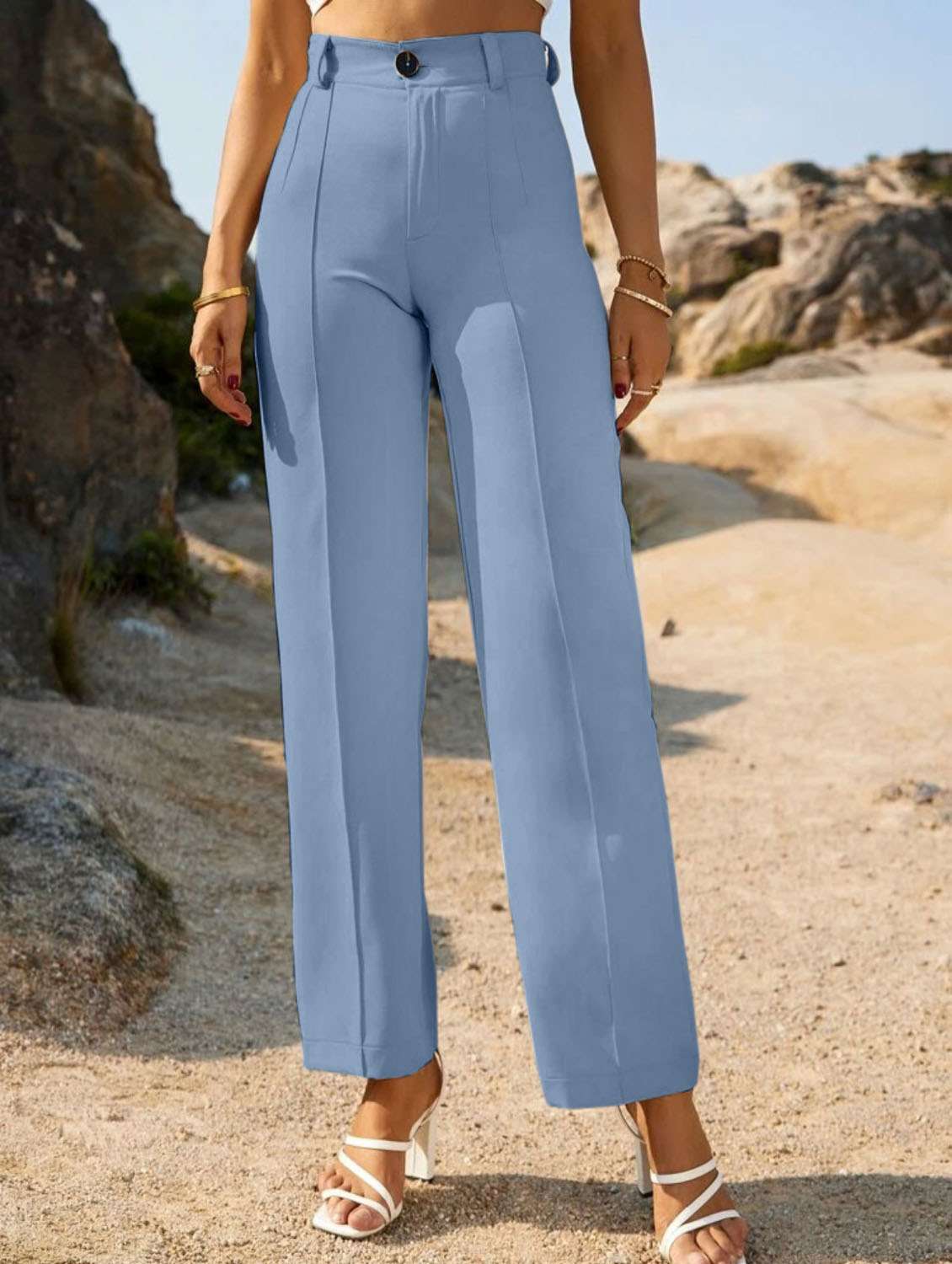 women high rise solid pleated trouser