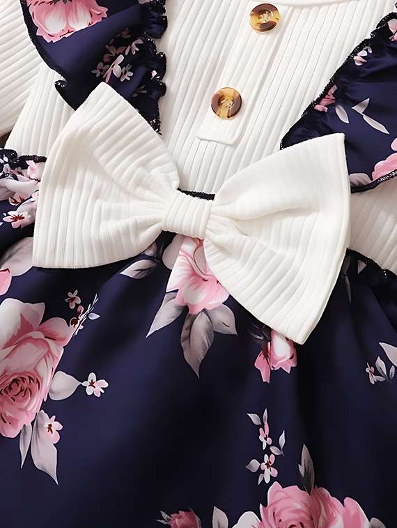 Kids Navy Blue Floral Printed Detailed Frock