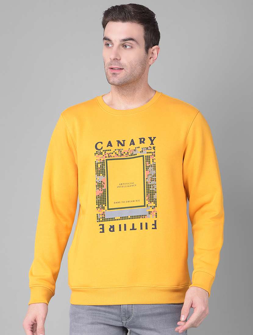mustard cotton blend chest print sweatshirt