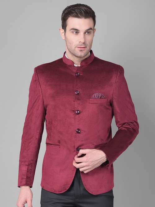 maroon velvet bandhgalas blazer - 20727666 - Standard Image - 0