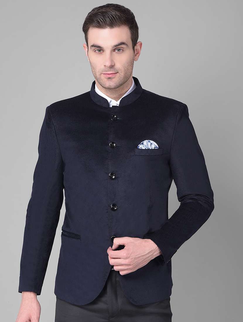 navy blue velvet bandhgalas blazer