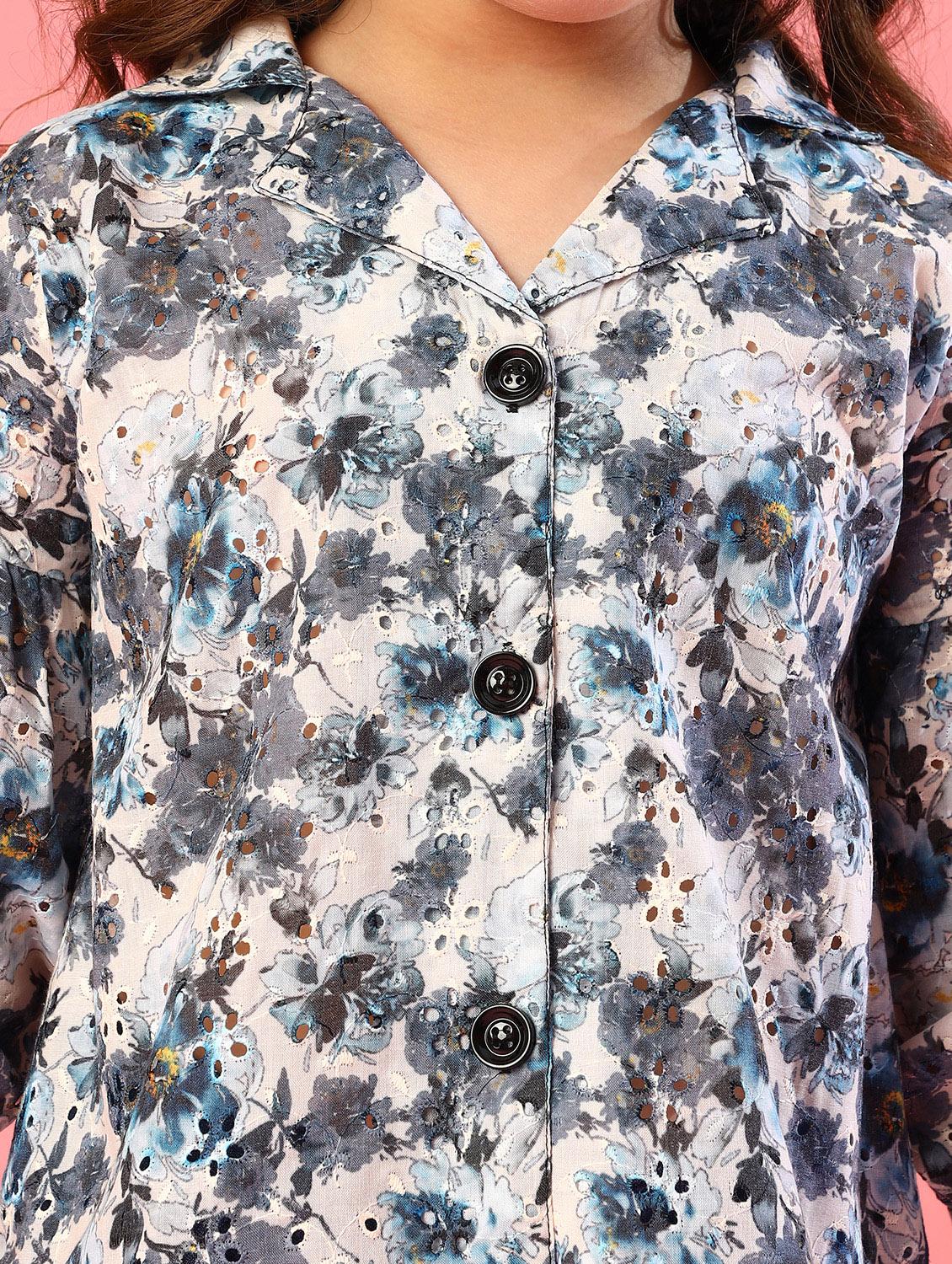 kids grey floral printed schiffli shirt style top - 20727723 - Standard Image - 5