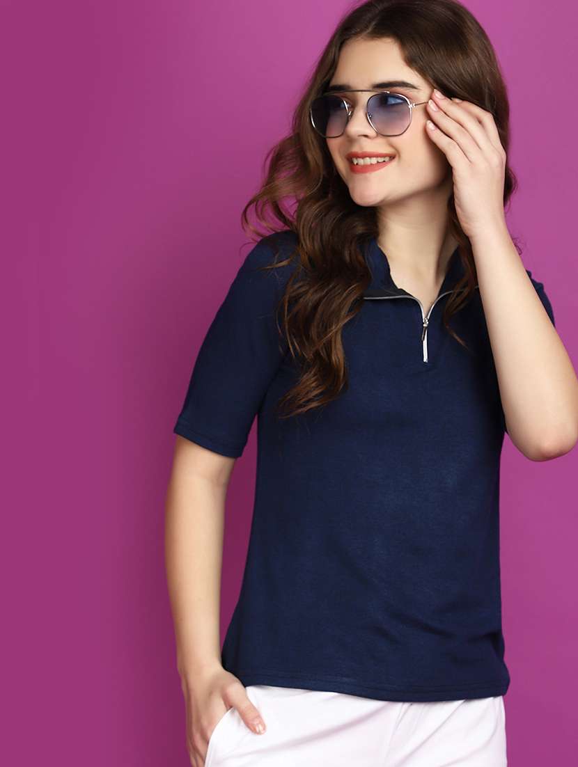 women blue regular fit cotton polo top - 20728211 -  Standard Image - 3