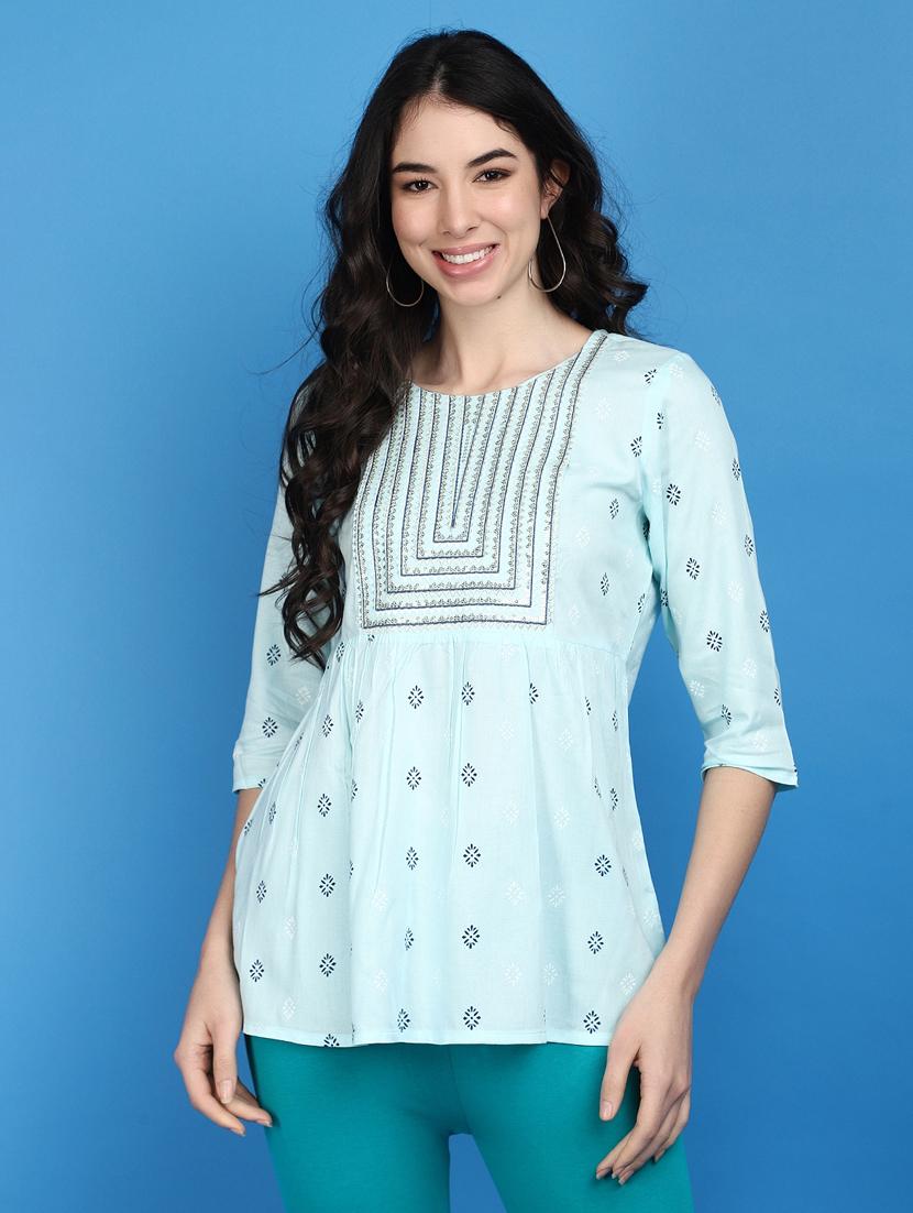 green printed sequins detailed kurti - 20729119 -  Zoom Image - 0