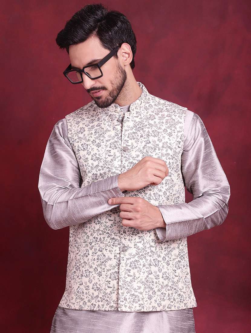 men self design silk blend nehru jacket